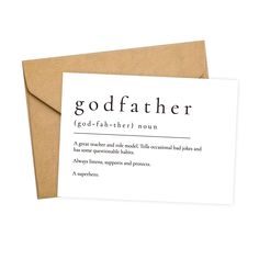 a card with the words godfather written on it and an envelope in front