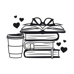 a stack of books and a cup of coffee with hearts on the wall behind it