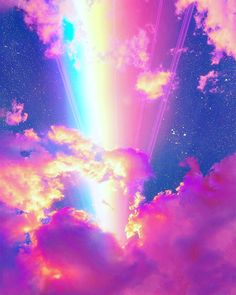 the sky is filled with colorful clouds and bright beams in the middle of it,