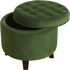 two green velvet ottomans with wooden legs