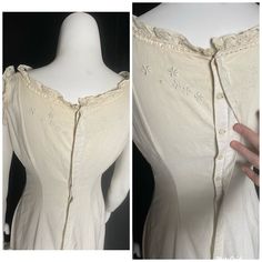 "Lovely late 1800's/early 1900's white cotton nightie/undergarment dress with lace and eyelet details. Sweet letter M is embroidered under the bow at the collar. Structurally great condition, but overall yellowed from age and use, a couple more prominent stain spots, a couple splits in the lace, all shown in photos. Being sold as Is Women's small 36\" bust 27\" waist 44\" or smaller hips 51\" shoulder to hem" Fitted Cotton Prairie Dress For Weddings, Cotton Nightgown For Summer Weddings, Cotton Summer Nightgown For Weddings, Summer Cotton Nightgown For Wedding, Summer Cotton Wedding Nightgown, Vintage Cotton Victorian Wedding Dress, Cotton Vintage Dress With Lace Trim For Wedding, Vintage Cotton Wedding Dress With Lace Trim, Cotton Vintage Wedding Dress With Lace Trim