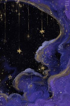 an abstract painting with stars and clouds in the night sky