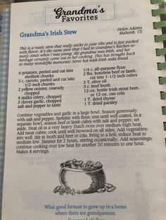 the recipe for grandma's irish stew is shown in an old style cookbook