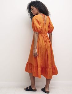 Puff Sleeve, Midi Dress, V Neck, Orange, Dresses