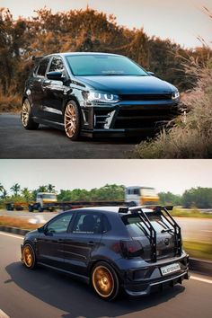 two cars side by side on the road and one is black with gold rims