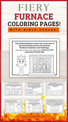 the fiery furnace coloring pages for children with bible verses on them and an orange background