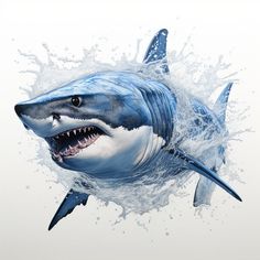 a great white shark with its mouth open and water splashing around it's body