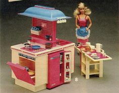 an advertisement for barbie's kitchen playset with a girl cooking in the oven