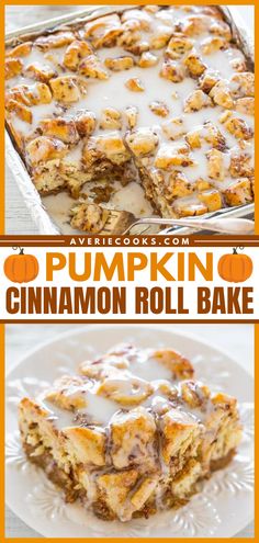 pumpkin cinnamon roll cake on a white plate with the title above it and an orange background