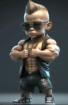 an image of a cartoon character with sunglasses on his head and no shirt, standing in front of a dark background