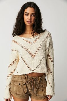 Free People - Hayley Sweater in Cream Combo ♡ Product Highlights ♡ This Free People - Hayley Sweater in Cream Combo is the perfect stylish basic to add to your closet, and or any on-trend bohemian style outfit! So essential and made to wear everywhere, this classic sweater is featured in a slightly cropped length and boxy fit with crochet detailing throughout. Featuring soft fabrication, pullover style, and a classic slight crew neckline, this sweater is the perfect wear-everywhere layer and is Bohemian Sweater, Bohemian Style Clothing, Boho Sweater, Classic Sweater, Extra Long Sleeves, Boatneck Sweater, Free People Sweaters, Free People Sweater, Fitted Sweater