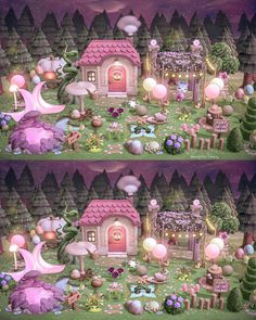 two pictures of a fairy garden with pink and purple houses, trees, and lights