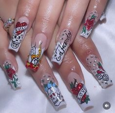 Ed Hardy Nail Art, Dolce And Gabbana Nails, Ed Hardy Nails, Pink Black Nails, Luv Nails, Bunny Nails, Drip Nails, Grunge Nails