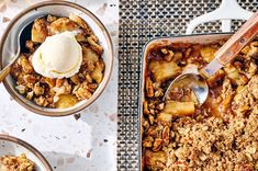 an apple crisp with ice cream on top and two bowls filled with dessert toppings