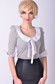 "great and comfortable blouse. can be worn at all kinds of occasions. available fabrics: polka dots/white collar, white/white collar, white/polka dots collar INCLUDE THE DESIRED COLOR AND SIZE IN THE SECTION \"NOTE FROM BUYER\" WHEN YOU PURCHASE THE ITEM. s bust:82-83cm waist:63-64cm hips: 88-89cm m bust:86-87cm waist:67-68cm hips: 92-93cm l bust:90-91cm waist:71-72cm hips: 96-97cm and larger : 42 - bust 94-95cm waist 75-76cm hips 100-101cm 44 - bust 99-100cm waist 80-81cm hips105-106cm 46 - bus Comfortable Blouses, Women Blouses Fashion, Bow Shirts, Womens Blouses, Pretty Blouses, Cute Blouses, Vestidos Vintage, Influencers Fashion, Fashion Attire