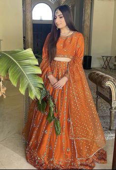 Floor-length Meenakari Gown For Festivals, Orange Lehenga Pakistani, Orange Net Lehenga, Festive Meenakari Semi-stitched Gown, Hania Amir In Orange Dress, Arab Dresses, Orange Lehenga, Dresses Gold