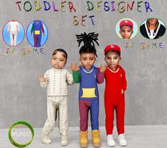 three little kids standing next to each other in front of a sign that says toddler designer set