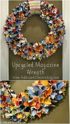 an upcycled magazine wreath made out of folded magazines