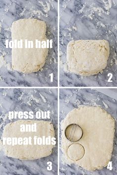 four pictures showing how to make pizza dough