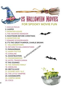 the halloween movies list is shown with witches and bats in their hats, as well as other