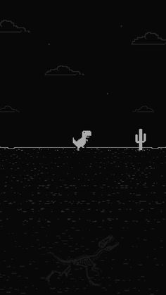 an old - school computer game with dinosaurs running in the dark water and cactus silhouettes