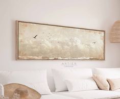 Horizontal Seagulls In The Sky Framed Canvas Print, Long Horizontal Seascape, Panoramic Coastal Wall Art, Nautical Wide Art If your home's atmosphere seems to be missing something, you just might need our stunning floating framed canvas! Immerse yourself in tranquility with our Vintage Style Canvas Wall Art, a collection that infuses peace and serenity into every space. Each canvas is a masterpiece of calm, meticulously designed to create an oasis of quiet elegance in your home.  Whether you cho Long Horizontal Painting, Wide Art, Horizontal Painting, Quiet Elegance, Horizontal Wall Art, Above Bed, Coastal Wall Art, Framed Canvas Prints, Floating Frame