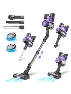 four different views of the same vacuum cleaner and its attachments are shown in purple