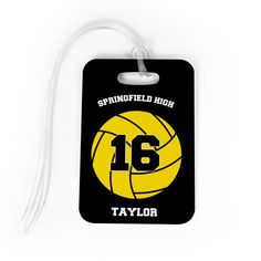 Fun and practical, this bold volleyball bag tag is personalized with a team name, player name and a player number on an oversized ball design.  Great to use on a gym or sport bag, it can also be used on a backpack or tote every day.  Fabricated from a rigid plastic, it includes a flexible, clear loop that makes it quick and easy to transfer the tag from one bag to another as needed.  Offered in three sizes and favorite color combinations, this unique bag tag has optional printing on the back to Black Sports Bags With Letter Print, Black Sports Bag With Letter Print, Sporty Letter Print Sports Bag, Sporty Letter Print Bags For Sports, Black Bags For Sports With School Spirit Style, Sporty Personalized School Bag, Personalized Sporty School Bag, Sporty Personalized Sports Bag, Sporty Personalized Bag For Sports Events