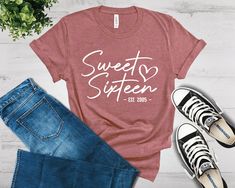 "🌴 Welcome to PacificDreamStudios! 🌴 https://www.etsy.com/shop/pacificdreamstudios 🎂 PERSONALIZED \"Sweet Sixteen Est. 2005\" T-SHIRT 🎂 🎉 Bring a little humor to your birthday with this shirt! The super soft and comfortable fabric makes this the perfect shirt for going out or just plain lounging. Oh and did we mention, this could be the perfect gift for that special someone in your life? Check out the rest of our store for more birthday themed designs! 🎉 📌 STYLE AND FIT These t-shirts are Birthday Girl T Shirt, Funny Birthday Shirts, Bff Shirts, 30th Birthday Shirts, Cute Birthday, Cheap T Shirts, Inspirational Shirt, Custom Tees, Sweet Sixteen