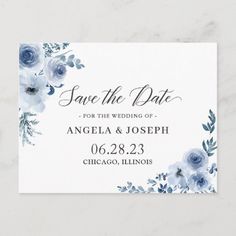 save the date card with blue flowers