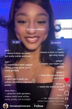 Braces Black Color, Braces Colors On Black Women, How To Keep Your Teeth White With Braces, Braces For Brown Hair, Braces Colors For White Teeth, Braces Colors Ideas Tan Skin, What Colour Braces Should I Get, Pretty Braces Colors Summer, Braces For Blue Eyes