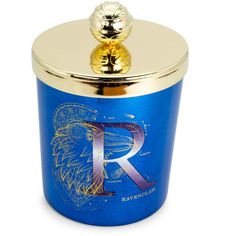 a blue canister with a gold lid