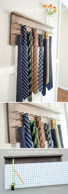 several ties are hanging on the clothes pegs in front of a white wall and an image of a tie rack