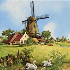 a painting of a windmill with swans in the foreground