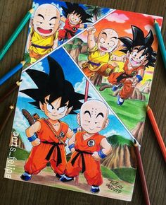 the dragon ball characters are drawn in pencils next to some colored crayons