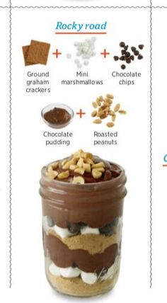 an image of food in a jar labeled with instructions for making rocky road and chocolate pudding