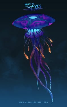 a purple jellyfish floating on top of a dark blue ocean with the words beneath it