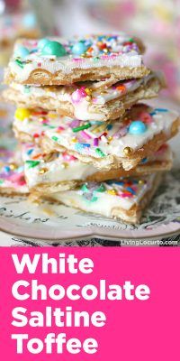 white chocolate saltine toffee with sprinkles on top