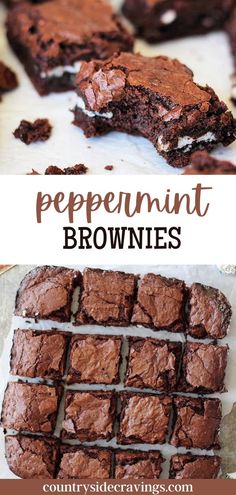 chocolate brownies cut in half and stacked on top of each other with the words, peppermint brownies