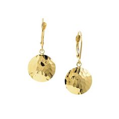 14K Yellow Gold 14mm Hammered Disc Lever-Back Earrings - Women. A classic piece of jewelry that will never go out of style, these lever-back earrings are perfect for special occasions or for everyday wear. Versatile, they can be worn with a wide variety of outfits and add a touch of elegance and glamour to any look. Their unique appearance will diversify your jewelry collection and set you apart from the crowd. A lever backing gives this earring a secure fit. Size: one size.  Gender: female.  Ag Hammered 14k White Gold Jewelry, 14k White Gold Hammered Jewelry, Classic Tarnish Resistant Round Cut Earrings, Classic Drop Earrings With Polished Finish, 14k Gold Hammered Round Disc Jewelry, Hammered 14k Gold Round Disc Jewelry, Classic Polished Earrings For Anniversary, Tarnish Resistant Round Earrings For Anniversary, Classic Polished Finish Earrings For Anniversary