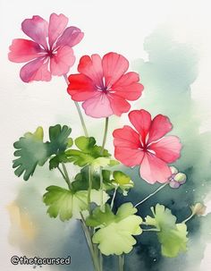 watercolor painting of pink and red flowers with green leaves