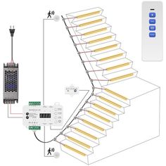 the stairs are connected to two remote controls and an electronic device that is attached to them