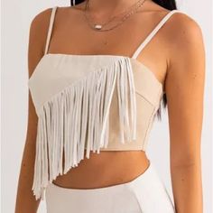 Nwt Price Includes Shipping This Fringe Detail Top Is Just Perfectly Western! Get Your Cow Girl On With This Fun Fringe Detail Top! Two Tone 100% Cotton Brand: Lelis Color: White, Taupe Crop Top Denim Material Colorblock Pattern Fringe Detailing Top: Adjustable Straps, Square Neckline, Zipper Back, Cropped Length No Stretch 6" Armpit To Hemline, 11.5" Armpit To Fringe End Chic Spring Fringe Crop Top, Chic Fringe Crop Top For Spring, Fitted White Tops With Fringe, Casual Fringe Crop Top For Spring, White Fitted Fringe Tops, White Cotton Fringe Tops, Fitted Fringe Crop Top For Spring, Chic White Fringed Top, Denim Fringe