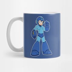 an image of a cartoon character on a blue coffee mug with the words mega man