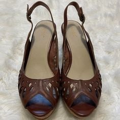 "Priscilla" Wedges Sandals. Unworn, Excellent Condition!! Leather Upper. Spring Brown Heels With Leather Lining, Brown Leather-lined Heels For Spring, Wedges Sandals, Ankle Strap Wedges, Nicole Miller, Womens Shoes Wedges, Wedge Sandals, Cognac, Ankle Strap