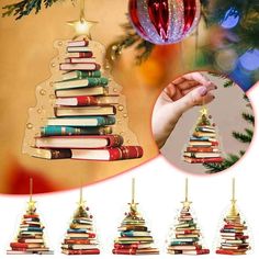 a christmas tree made out of books with ornaments hanging from it's sides and an ornament in the middle