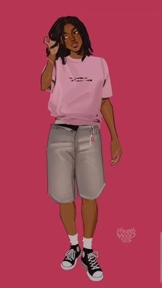 a painting of a woman wearing a pink shirt and grey shorts with her hand in her hair