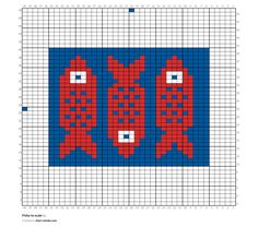 a cross stitch pattern with red and blue fish on it's sides, in the shape of a rectangle