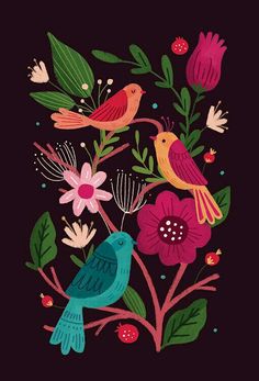 two birds sitting on top of a tree filled with flowers