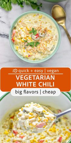 two bowls of vegetarian white chili with text overlay